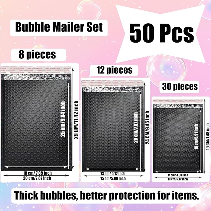 50 PCS Bubble Mailers, Black Poly Padded Envelopes, Waterproof Shipping Bags, Self Seal Cushion Envelopes for Mailing, Shipping, Packing, Small Business, 3 Sizes