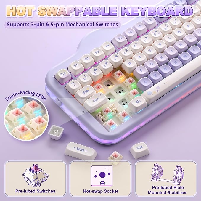 YUNZII C98 Cute Cake Wireless Mechanical Keyboard (Purple, Candy Switch) | 99 Keys with Number Pad, Hot Swap, PBT MOA Keycaps, BT5.0/2.4G/USB-C, Gasket Mount, Custom RGB Backlit for Win/Mac