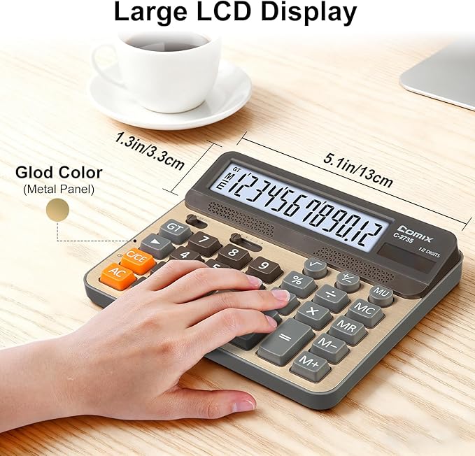 Comix Desktop Calculator, 12 Digits Large Desk Calculator, Gold, 2 Pack | Solar Battery Dual Power, 5 Inch Large LCD Display, Computer Keys, 4 Function Basic Calculator Office Business Home Use