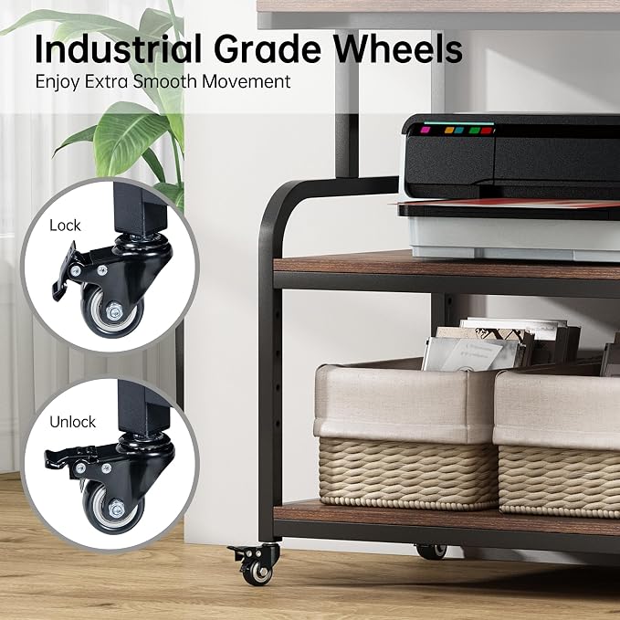 Fannova 32.3" Wide Extra Large Printer Stand with Adjustable Storage Shelf | Heavy Duty Printer Table with Industrial Wheels, 3 Tier Rolling Cart for 3D Printers Wide Format Printers, Rustic Brown