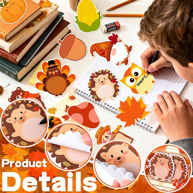 24 Pads 480 Sheets Thanksgiving Cute Sticky Notes, Kawaii Fun Animal Sticky Notes Mini Cartoon Notes Pads Bulk Memo Self Adhesive for Home Office School Party Supplies