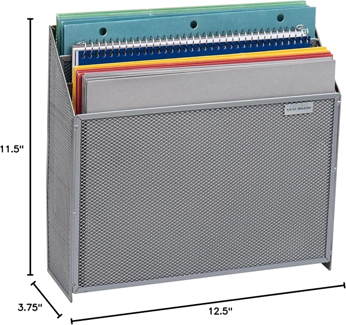 Mind Reader Vertical File Storage, Desktop Organizer, Wall Mount, Office, Metal Mesh, 12.5"L x 3.75"W x 11.5"H, Silver