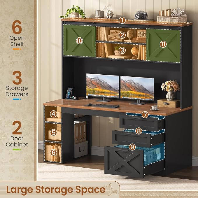 SEDETA 55.1" Farmhouse Desk with Hutch & 3 Storage Drawers | Executive Computer Desk with Storage Cabinet and Shelves, Home Office Desk with power outlet & LED Lights, Black and Brown
