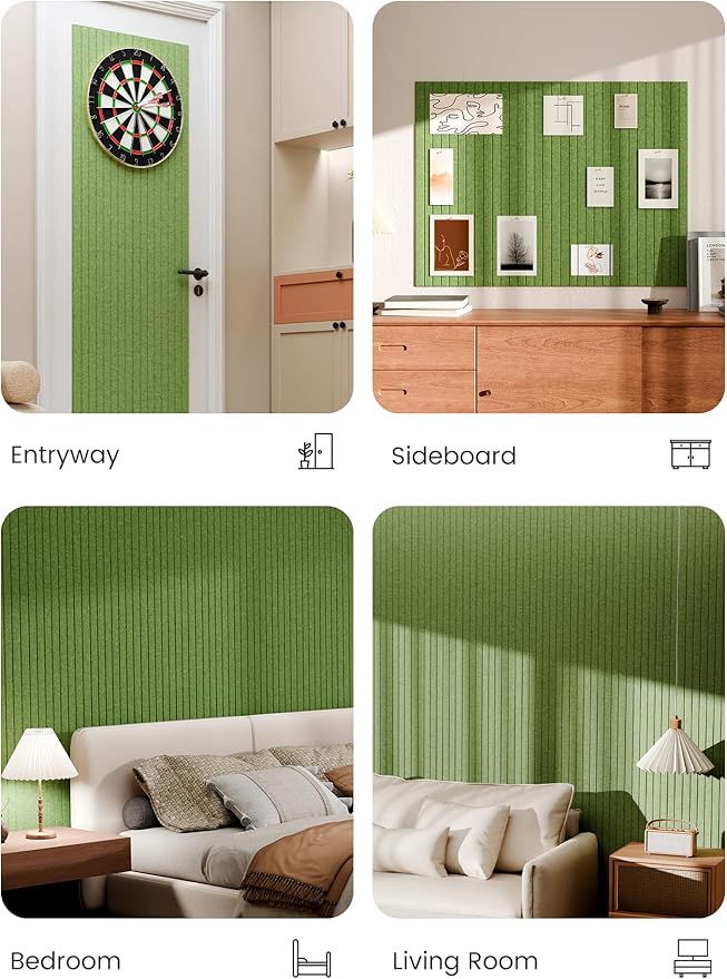 Bumusty Large Cork Board Alternative-48 x 36" Felt Bulletin Board Tiles, with 30 Pushpins, 70 Adhesive Tabs, 12-Pack Slat Wall Paneling, Cork Boards for Office Push Pin Board Felt Board-Kelly Green