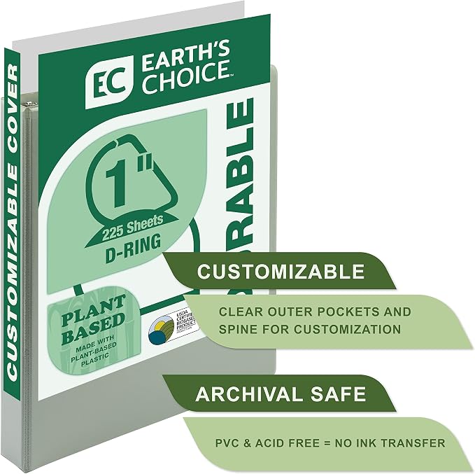 Samsill Plant-Based 1 Inch Durable D-Ring, View Binder, Eco-Friendly, USDA Certified Biobased, Single, Dusty Green