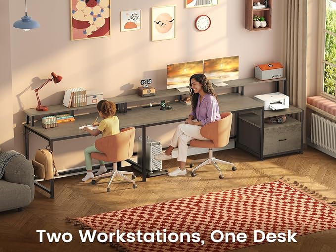 SEDETA 66" Reversible L Shaped Computer Desk with Power Outlet, File Drawer | Home Office Desk with Monitor Shelf, Storage Shelves, LED Lights for Corner Small Spaces, Gaming, Walnut