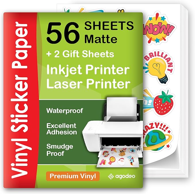 Premium Printable Vinyl Sticker Paper for Inkjet & Laser Printer - 56 Sheets Self-Adhesive Sheets Matte White Waterproof, Dries Quickly Vivid Colors, Holds Ink Well - Tear Resistant