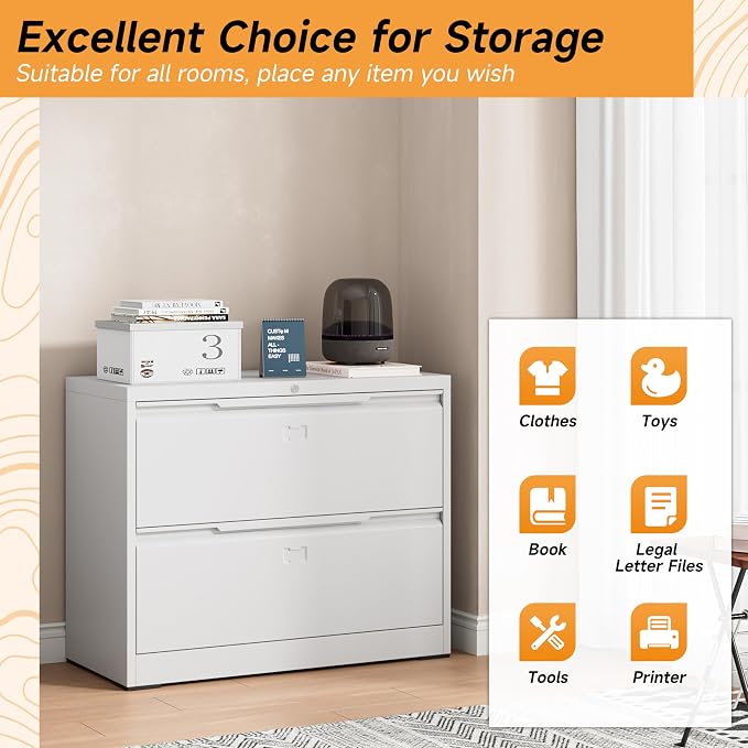 Bestoo 2 Drawer File Cabinet, Metal Lateral Filing Cabinet with Lock | Lockable Drawers, Large Storage Capacity, Heavy Duty Build, Smooth & Quiet Slides, Suitable for Letter/Legal/F4/A4 Size