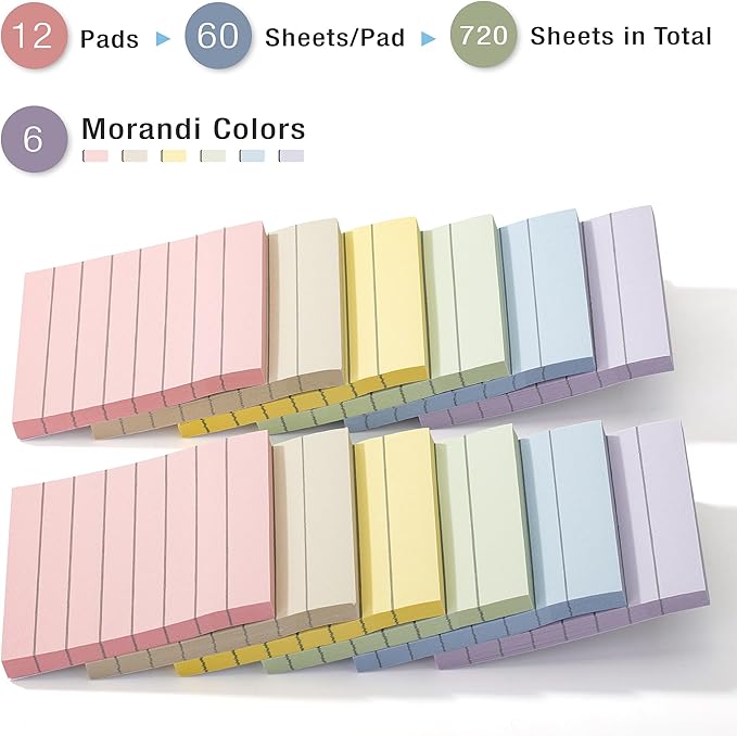 Mr. Pen- Lined Sticky Notes 3x3, 12 Pads, 720 Sheets in Total, Morandi Colors, Sticky Notes with Lines, Stocky Notes for Bible Journaling