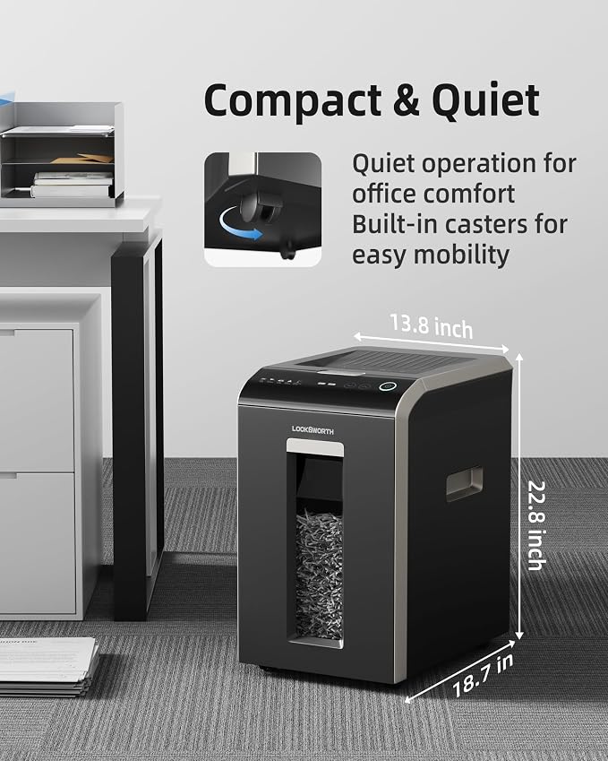 Locksworth 200-Sheet Micro Cut Shredder for Home Office, 8.5 Gallons Bin P-5 High Security Shredders for Paper, CD, Credit Card, Staple, Clip, Heavy Duty Commercial Paper Shredder with Casters