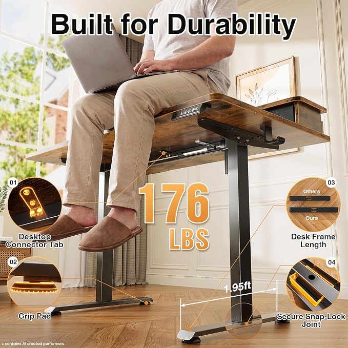 Veken 55x26 in Electric Standing Desk with Drawers, Adjustable Table, Brown | Stand up Computer Desk for Home Office, Work & Study, with Storage, 3 Memory Presets, Cable Organizer, Hook, and Quiet Lift.