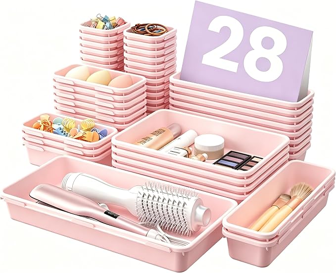 【Military Grade】A-LuGei Drawer Organizer,【𝟱𝗦𝗶𝘇𝗲】Makeup organizer,【Holds 177 Items】Bathroom Organizers and Storage,Organization and Storage,Desk Drawer Organizer for Vanity【Pink】