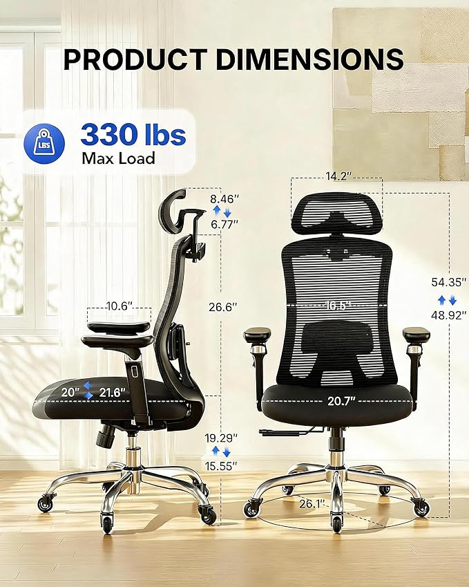 HUANUO Ergonomic Office Chair with 6D Armrest and Lumbar Support | Seat depth adjustment, quiet rubber caster, 3D headrest, high back mesh, big and tall design, 4-position recline