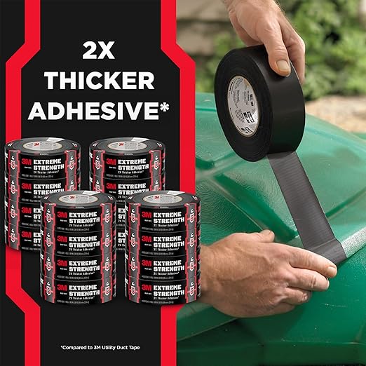 3M Extreme Strength Duct Tape 2830, 1.88 in x 30 yd, Double-Thick Adhesive, Heavy-Duty Waterproof Black Tape, Indoor/Outdoor Use, 12 Rolls