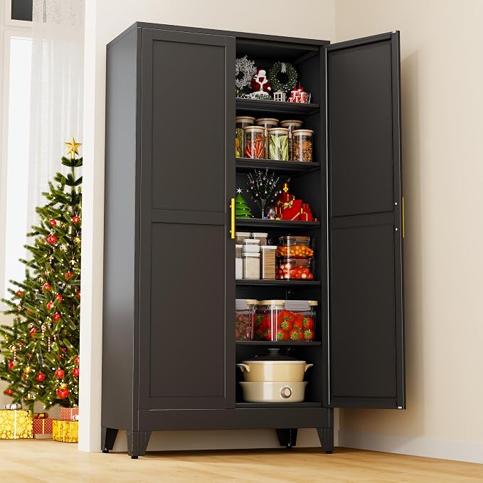 78.7" Tall Metal Pantry Cabinet, Freestanding Kitchen Storage Cabinet | with 2 Doors and 5 Adjustable Shelves, Versatile Storage Cupboard for Kitchen, Laundry, Dining & Utility Room, Black