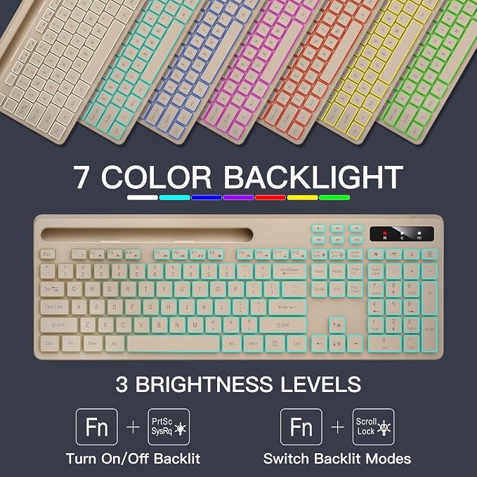 Soueto Wireless Keyboard with 7-Color RGB Backlit, Full-Size Computer Keyboard with Phone Tablet Holder, 2.4G Rechargeable Gaming Keyboard with Light Up Keys, Compatible with Mac, Windows (Latte)