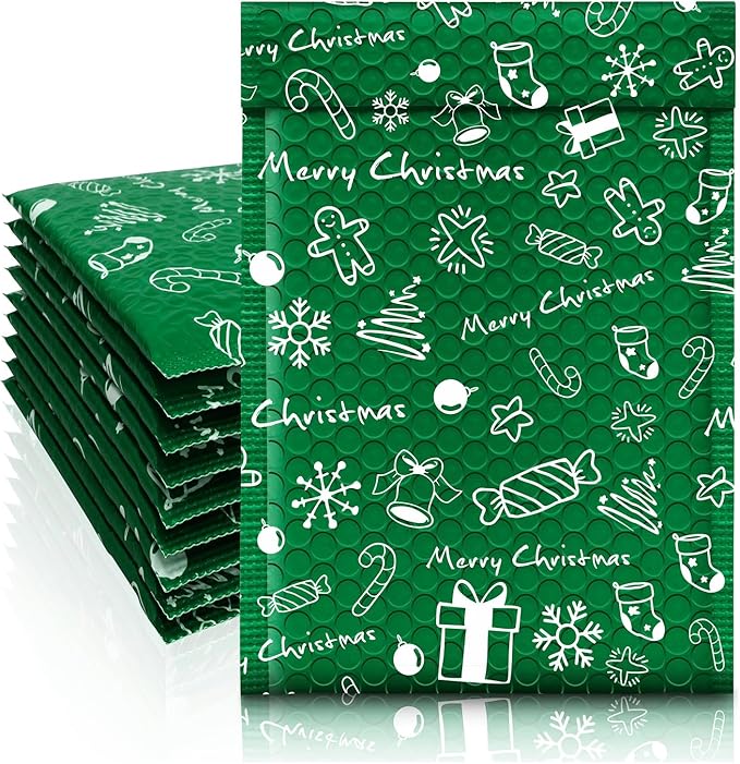 JinRuiKJ Christmas Bubble Mailers 4x8" 50 Pack, Padded Envelopes, Strong Adhesion Padded Mailers, Cushioning Padded Shipping Envelopes for Jewelry, Makeup - Green