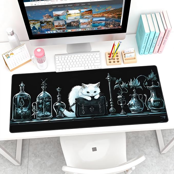 Anime White Cat Gaming Mouse Pad, Black White Gothic Desk Mat with Anti-Slip Base & Stitched Edges,35.4" x 15.7" in Desk Accessories for Women, Home Office Decor & Artistic Gift