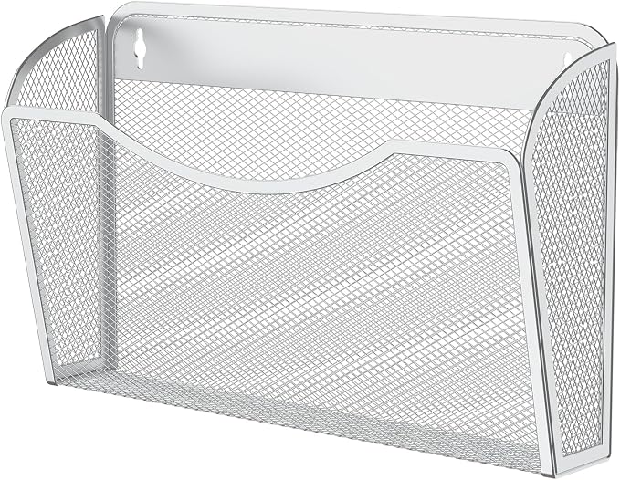 MINDEPOT Wall File Organizer, Hanging Wall File Holder, 1 Pack, White | Heavy Duty Iron, Metal Mesh Wall Mount, Single Pocket, Mail Organizer, for Office School Classroom Home, Letter A4 Size