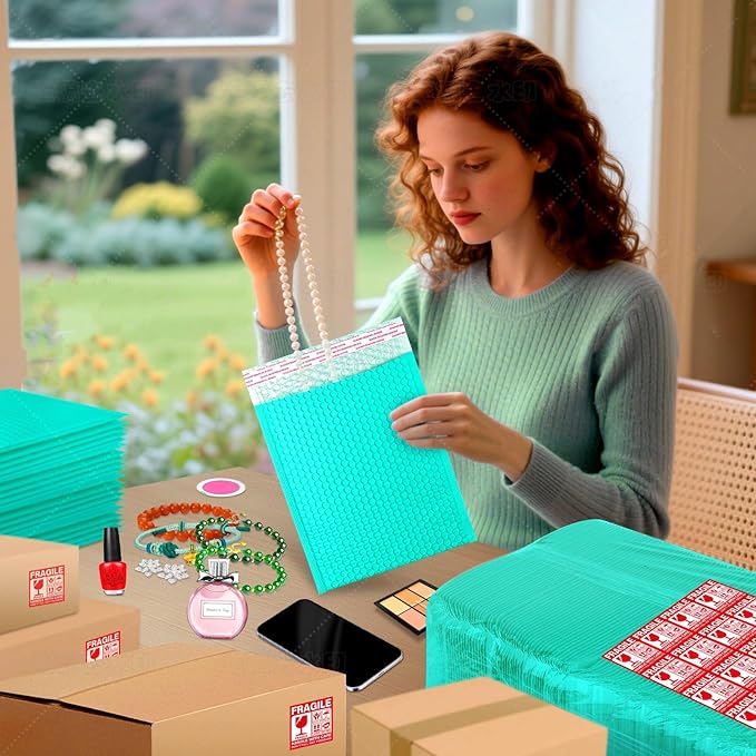 Bubble Mailers 8x12'' 100 Pack and 24PCS Fragile Stickers Teal Thick Waterproof Padded Poly Envelopes Bubble Wrap Mailers Self Seal Shipping Bags for Mailing Small Business Homes Envelope Mailers #2