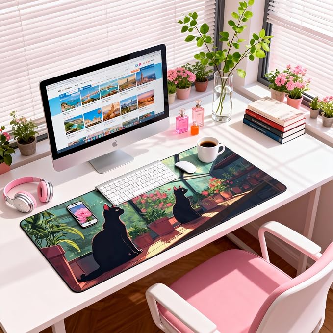 Cute Anime Black Cat Gaming Mouse Pad, Forest Green Anime Desk Mat with Anti-Slip Base & Stitched Edges,35.4" x 15.7" in Desk Accessories for Women, Home Office Decor & Artistic Gift
