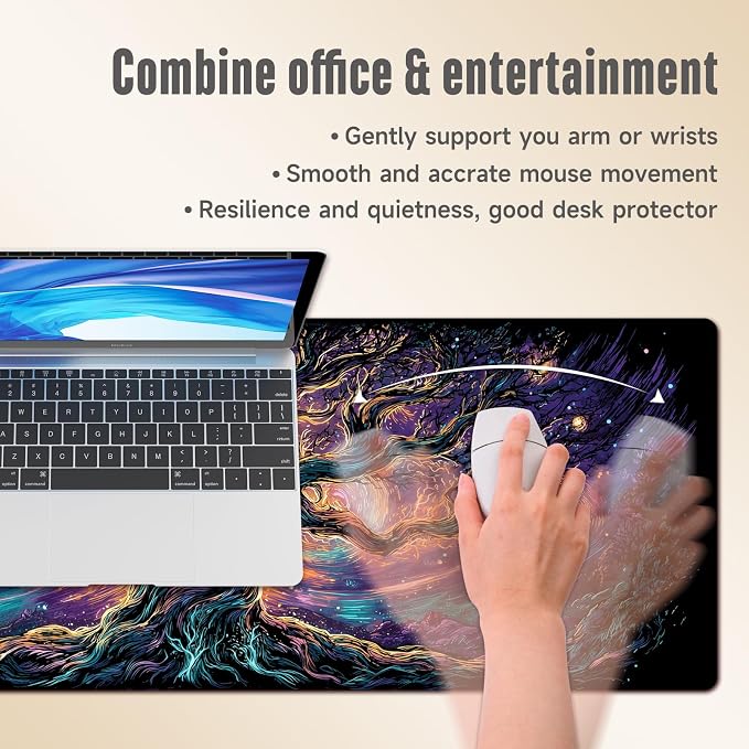 Extended Gaming Mouse Pad, Large Mouse Mat 3 mm Nature Rubber Base Mousepad with Stitched Edges, Non-Slip Desk Mat for Office Home Great Gift 31.5x11.8 Inch (Elven Forest 1)