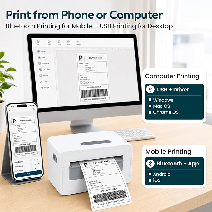Bluetooth Shipping Label Printer, 4X6 Wireless Label Printer, USB Shipping Label Maker for Small Business, Compatible with iPhone, Android, Windows & Mac (White-2)