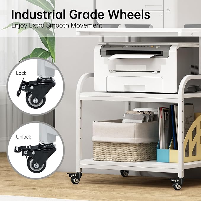 Fannova White Printer Stand Table, 23.6"x18.9"x30" Large Size with Storage | Height Adjustable Middle Shelf, Heavy Duty Industrial Wheels, 3 Tier Rolling Cart for 3D Printer, Home Office Furniture