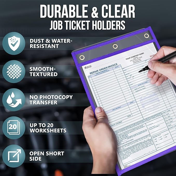 35 Pack Job Ticket Holders 9x12 inch - Colored Work Order Plastic Sleeves - Shop Ticket Holders - Reusable Dry Erase Pocket Sleeves - Sheet Protectors Heavy Duty - Clear Paper Sleeves Protector