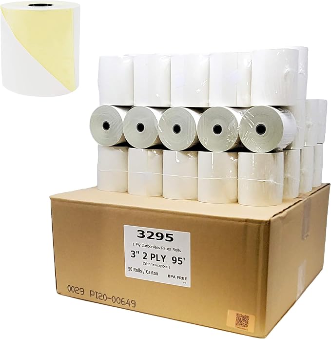 BuyRegisterRolls 2 Ply Carbonless Rolls (500 Rolls) 3 X 95 Feet Carbonless White/Canary Kitchen Printer Paper Rolls With Solid Tube Core