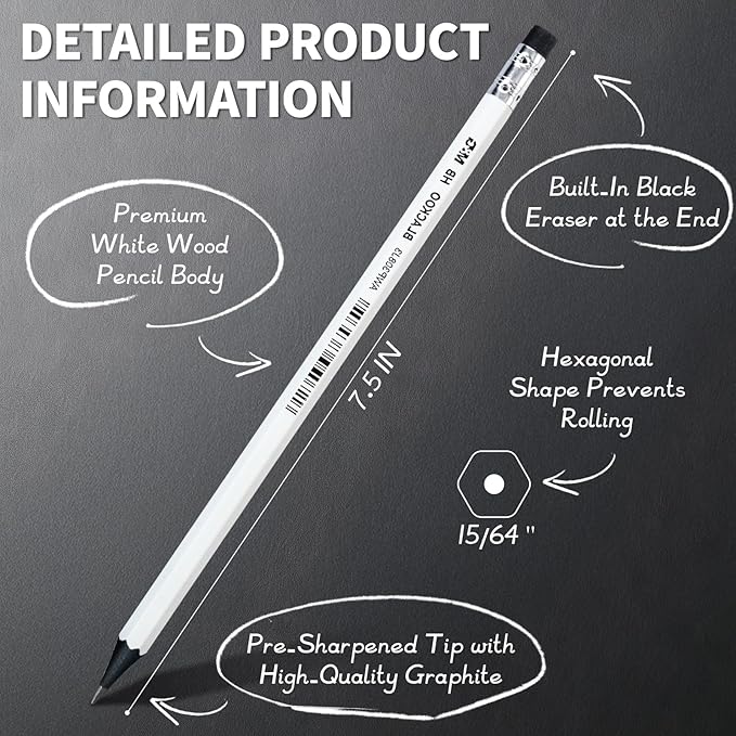 M&G BLACKOO Series HB Wood-Cased Pencils, 24-Pack Pre-Sharpened with Top Erasers, Bulk Black Pencils for School, Teachers, Writing, Drawing and Sketching (White)