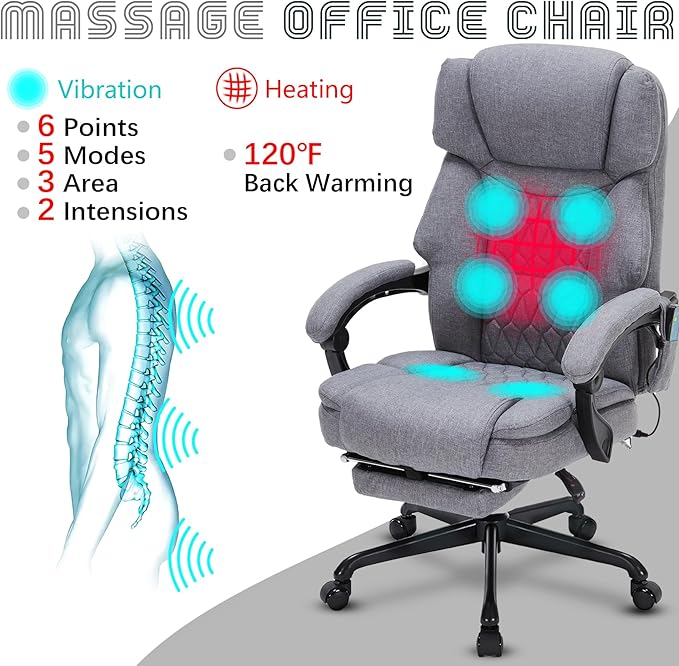 Massage Office Chair with Heat,Reclining Office Chair with Foot Rest,6 Points Vibration Home Desk Chairs for Heavy People 400lbs,Ergonomic Managerial Executive Chair (Grey)