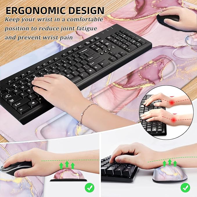 Large Mouse Pad with Wrist Rest, 4-in-1 Wrist Rest for Keyboard and Mouse | Non-Slip Waterproof Desk Mat Set, 35.4"x15.7" Desk Mat+Keyboard Wrist Rest+Mouse Wrist Support+Cup Coaster for Home Office