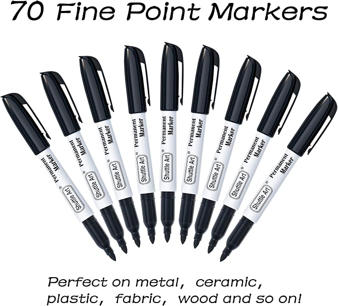 Shuttle Art Permanent Markers, 70 Pack Black Permanent Marker set,Fine Point, Works on Plastic,Wood,Stone,Metal and Glass for Doodling, Marking