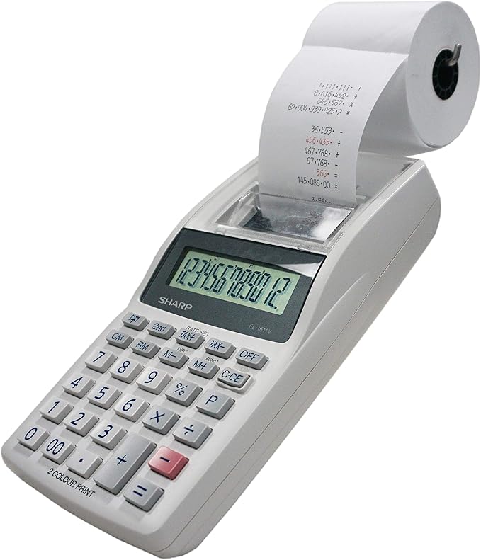 Sharp EL-1611V Handheld Portable Cordless 12 Digit Large LCD Display Two-Color Printing Calculator with Tax Functions