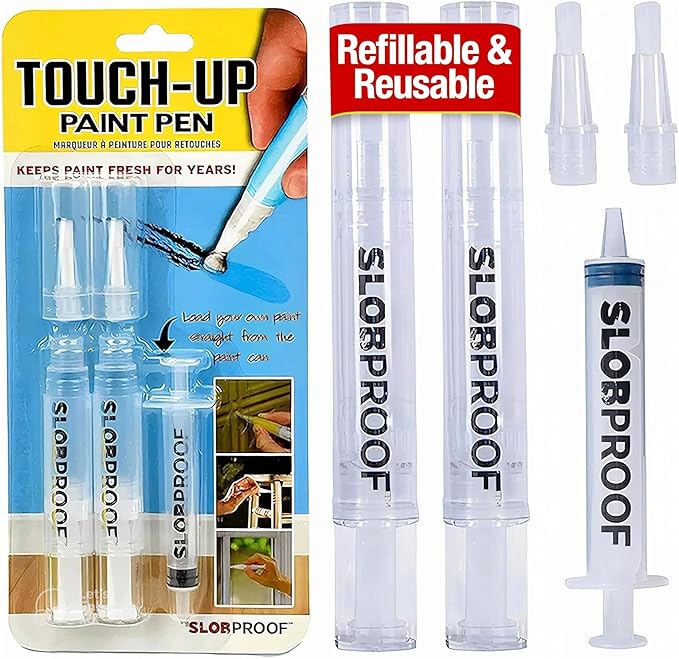 Slobproof Refillable Touch-Up Paint Pen, Pack of 2 - Precision Brush Tip | Mess-Free Touch-Up Tool for Quickly Retouch Small Areas with Controlled Syringe Flow for Custom Color Filling