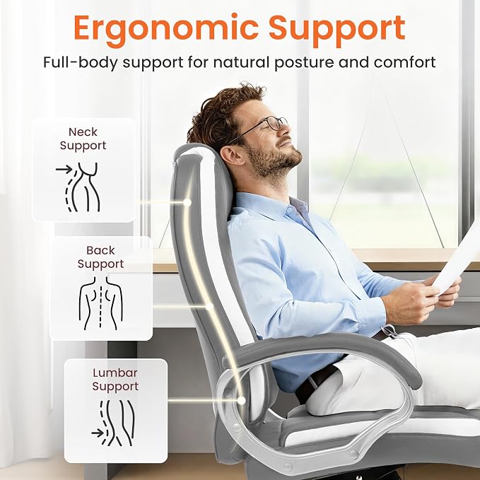 NEO CHAIR Office Desk Chair PU Leather Chair with Lumbar Support, Grey | Ergonomic High Back Executive Computer Chair, Comfortable Padded Fixed Armrests Swivel Chair with Wheels for Office/Home