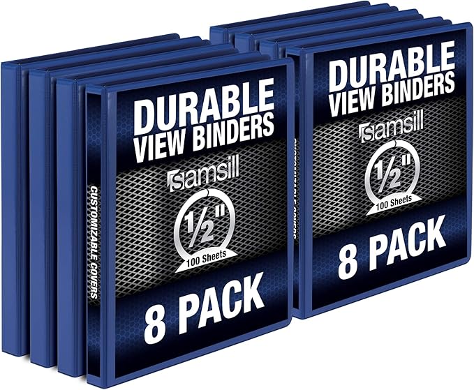 Samsill 8 Pack Durable 0.5 Inch 3 Ring Binders, Round Ring, Clear View Cover for Presentations, Black