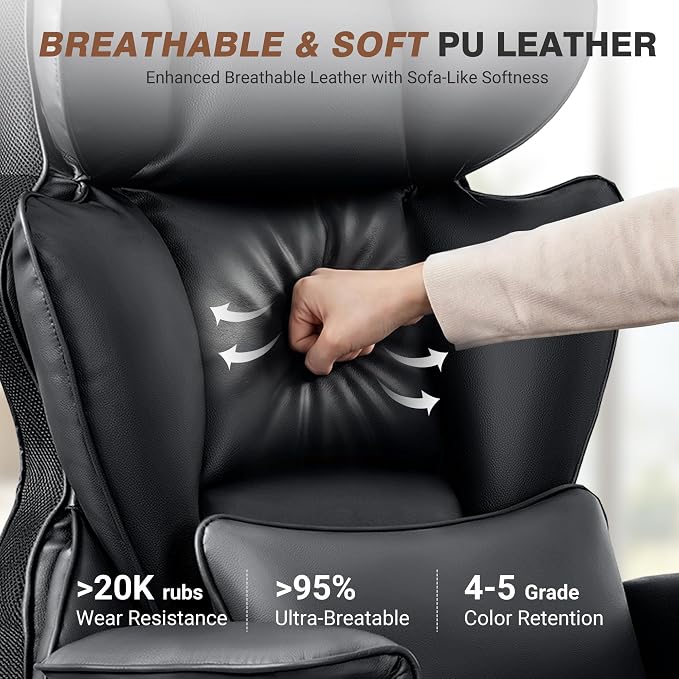 ALLGOD Big and Tall Office Chair 400LBS, Executive Ergonomic Leather Chair with Footrest, Wide Seat Gaming Office Chair with Pocket Spring Cushion, Reclining High Back Computer Desk Chair, Black