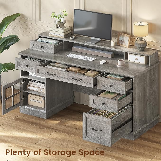 HAUOMS Farmhouse Executive Desk Computer Desk with Drawers，Grey | Executive Office Desk with File Drawers, Power Outlet, Led Lights, Storage Cabinet and Monitor Shelf for Home Office