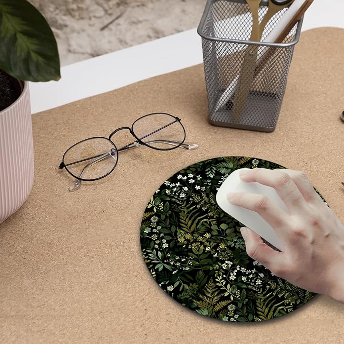 Dark Green Plant Mouse Pad, Cottagecore Vegetation Fern Leaves Botanical Mousepad Mouse Mat with Non-Slip Rubber Base for Home Office Desk Accessories, Green Office Supplies, 7.9x7.9 Inch