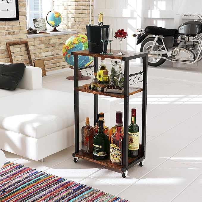 YMYNY 3-Tier Mobile Printer Stand 32.28*17.32*11.81" Rustic Brown HPT002H | Printer Cart with Adjustable Storage Shelf & 6 S-Hooks Tall Printer Table for Home Office,for Computer Tower Stand,Shredder