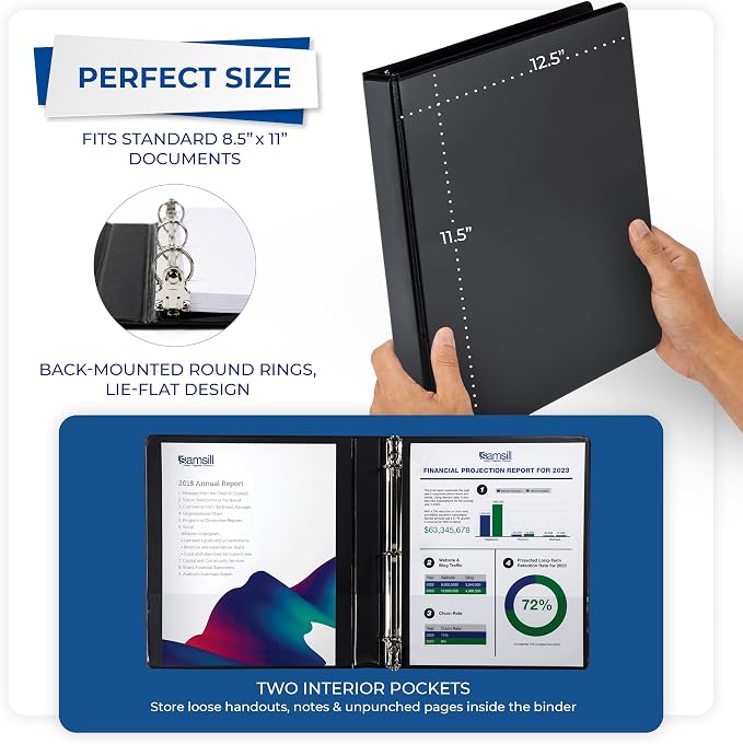 Samsill 1 Inch 3 Ring Binder, Economy Round Ring, Clear View Cover, 200 Sheet Capacity - for School, Home, Office - Black
