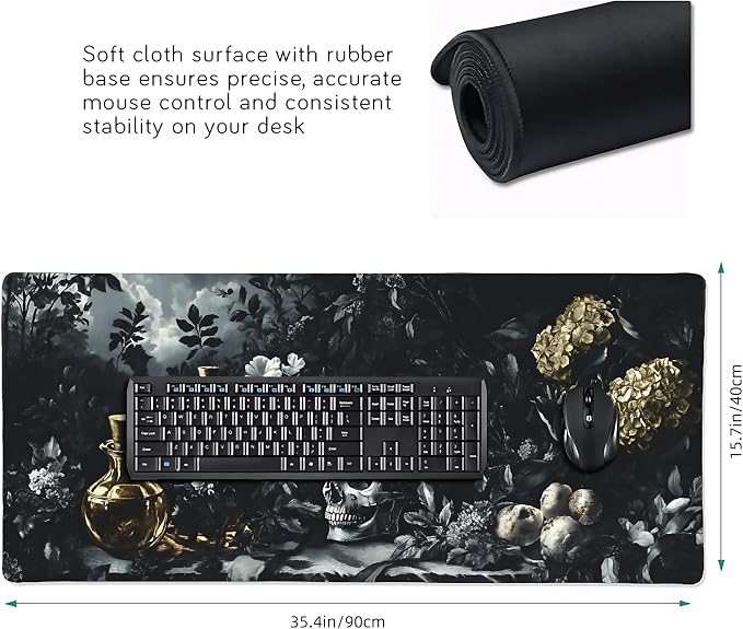 Aesthetic Skull Gaming Mouse Pad, Black Gold Dark Epic Desk Mat with Anti-Slip Base & Stitched Edges,35.4" x 15.7" in Table Mat for Computer Desktop, Beautiful Workstation Decor