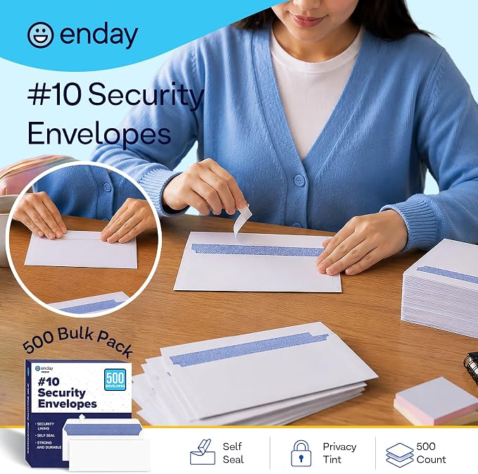#10 Security Envelopes Letter Size Self Seal, 500 Count, Windowless Security Tinted, 4-1/8" x 9-1/2", Business Mailing Envelopes for Home Office School Documents