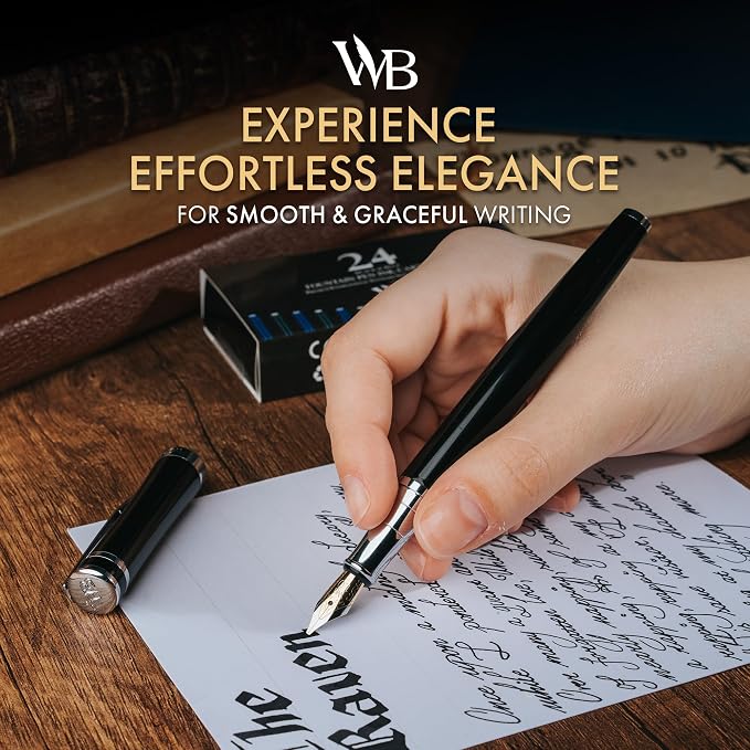 Wordsworth & Black Luxury Fountain Pen Set for Writing, Broad Nib, Black | Gift for Men & Women, Brass Body, German Iridium, Calligraphy, Converter + 24 Ink Cartridges, Refillable, Leak-Free