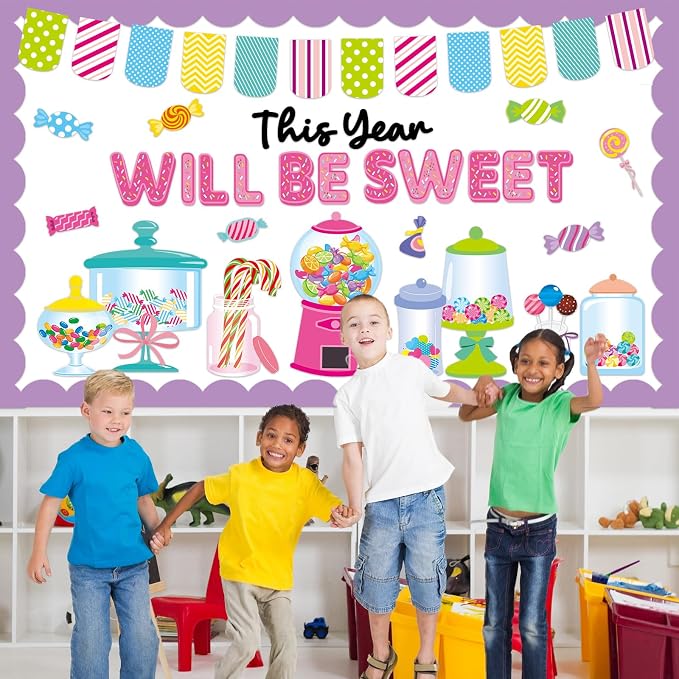 Candy Bulletin Board Set Sweet Theme Classroom Bulletin Board Decorations Pink Gumball Machine Cutouts Classroom Decorations for Back to School Office Home Chalkboard Decor Wall Door