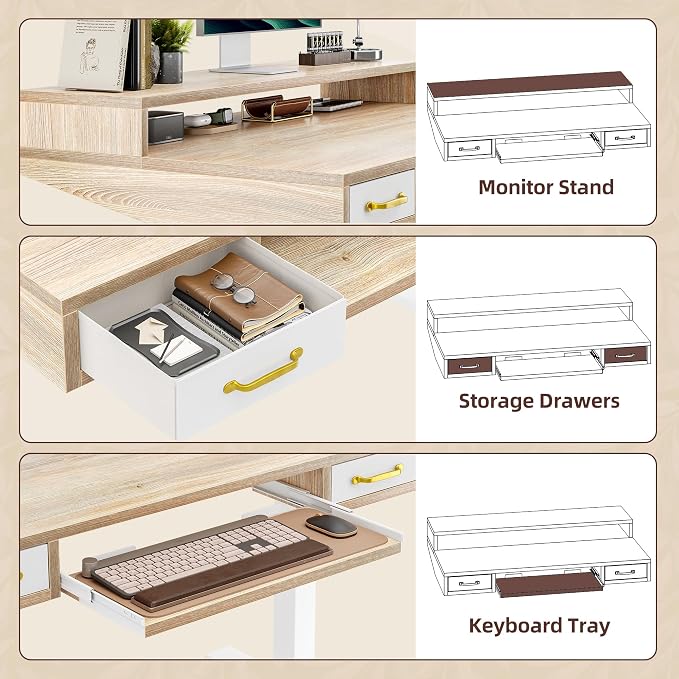 TIQLAB Standing Desk with Two Drawers, Stand Up Standing Desk Adjustable Height, Electric Sit Stand Table with Storage Shelf and Splice Board, with LED Light, 47 * 28 inch, Maple