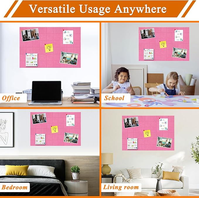 Large Square Felt Cork Board Tiles, Self Adhesive DIY Felt Bulletin Board Pin Board with 35 Pushpins for Office School Home Wall Decor Stickers Memos Photos Display (Pink)