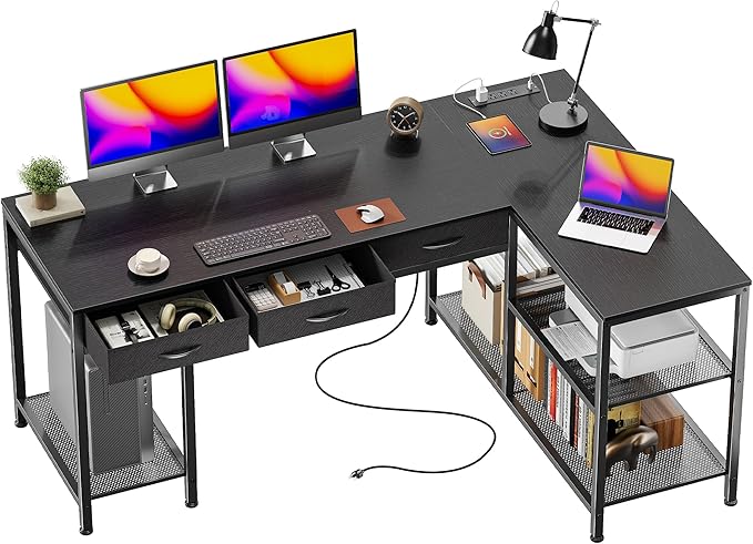 55 Inch L Shaped Office Desk with Power Outlets and Type-C Port, Large Computer Gaming Desk with 3 Fabric Drawers, Mesh Shelves, Corner Study Work Writing Desk, Black